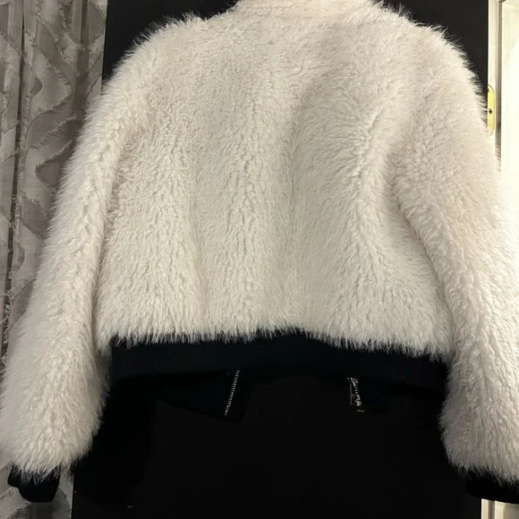 White Faux Fur Bomber Jacket with Studded Zip Front - Picture 8 of 10